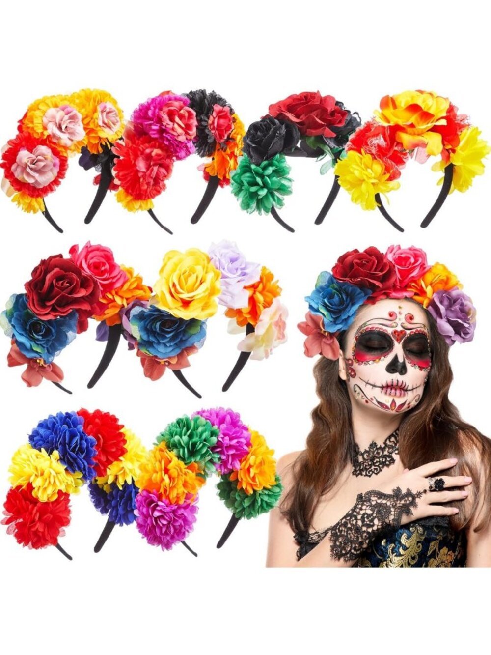 Vibrant Mexican Flower Headband, Day of the Dead Crown, 8-Piece Floral Set